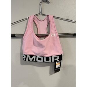 Under Armour Womens HeatGear Mid Branded Sports Bra Pink 1383544-647 New Small